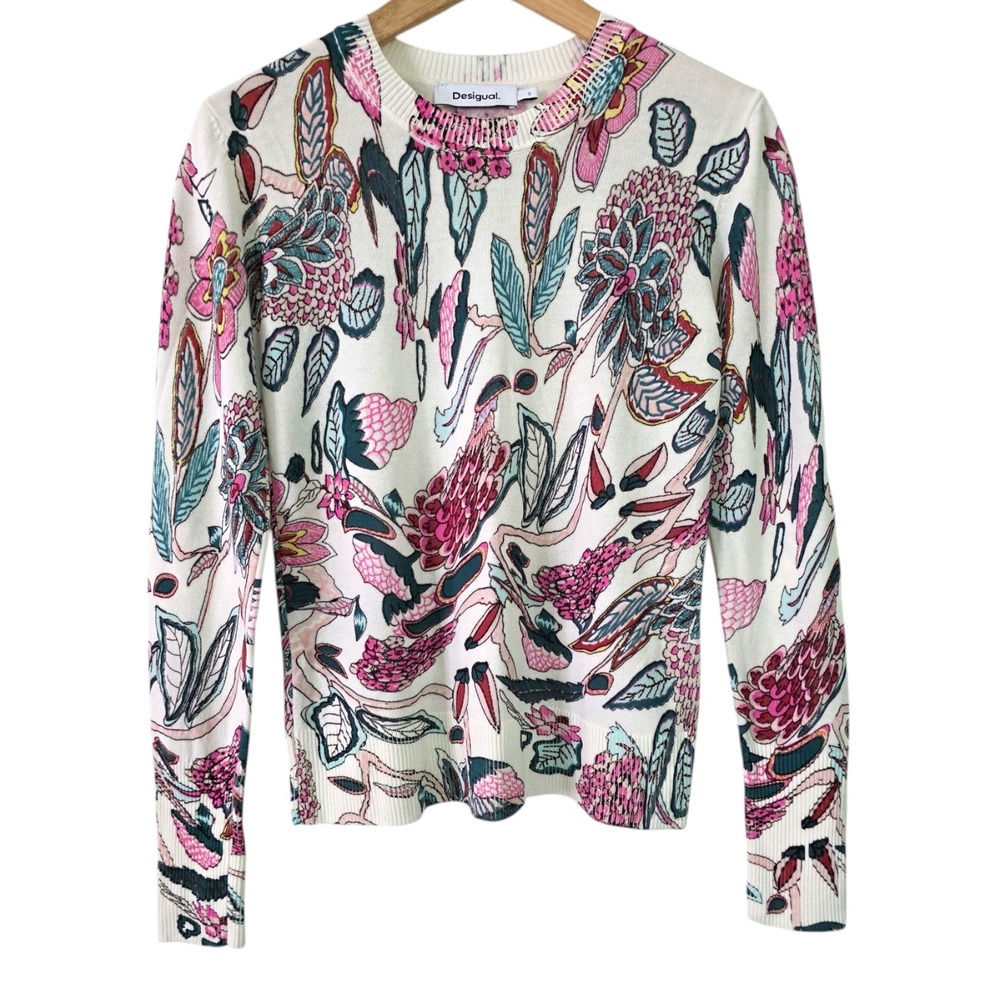 Desigual Manchester Floral Lightweight Knit Crewneck Sweater S Pullover Slim Fit